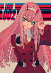 Rule 34 | 10s, 1girl, arm behind back, arm up, brown background, buttons, cogecha, darling in the franxx, double-breasted, dress, eyeshadow, hairband, hand in own hair, head tilt, highres, holding, holding own hair, horns, long hair, long sleeves, looking at viewer, makeup, military, military uniform, parted lips, pink hair, red dress, smile, solo, straight hair, tsurime, uniform, upper body, very long hair, white hairband, zero two (darling in the franxx)
