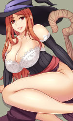 Rule 34 | 1girl, bare shoulders, breasts, cleavage, detached sleeves, dragon&#039;s crown, hat, highres, huge breasts, kd, legs, long hair, looking at viewer, no panties, red eyes, red hair, sash, smile, solo, sorceress (dragon&#039;s crown), staff, thighs, vanillaware, witch hat