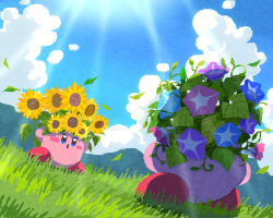 Rule 34 | cloud, cloudy sky, day, falling petals, fighting stance, flower, frown, grass, head wreath, kirby, kirby (series), leaf, looking at viewer, miclot, mountain, mountainous horizon, nintendo, open mouth, outstretched arms, petals, sky, spread arms, sun, sunflower, sunlight
