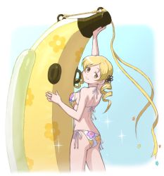 Rule 34 | 1girl, arms up, back, banana, banana boat, bikini, blonde hair, blue background, blush, breast press, breasts, drill hair, floral print, flower, food, from behind, fruit, hair flower, hair ornament, halterneck, highres, looking at viewer, looking back, mahou shoujo madoka magica, mahou shoujo madoka magica (anime), medium breasts, parted lips, print bikini, ryunosuke1973, side-tie bikini bottom, smile, solo, swimsuit, tomoe mami, twin drills