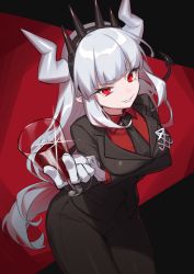 Rule 34 | 1girl, alcohol, black jacket, black pants, blazer, breasts, business suit, cowboy shot, cup, demon horns, demon tail, drinking glass, formal, glint, gloves, grin, hairband, helltaker, highres, holding, horns, jacket, large breasts, long hair, looking at viewer, lucifer (helltaker), mole, mole under eye, necktie, pants, pointy ears, red eyes, red shirt, shirt, sidelocks, smile, solo, standing, suit, tail, undershirt, usuke (u skeeep), v-shaped eyebrows, very long hair, white gloves, white hair, wine, wine glass, wing collar
