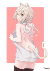 Rule 34 | 1girl, absurdres, animal ears, artist name, ass, backless dress, backless outfit, bare back, bare shoulders, black thighhighs, blonde hair, blush, breasts, butt crack, cat ears, cat tail, cowboy shot, drawstring, dress, from behind, green eyes, grey sweater, hair between eyes, halterneck, hands up, highres, ivan wang, long hair, looking at viewer, looking back, meme attire, naked sweater, original, parted lips, platinum blonde hair, ribbed sweater, sideboob, sidelocks, signature, silver hair, simple background, small breasts, solo, sweater, sweater dress, tail, thighhighs, thighs, turtleneck, turtleneck sweater, virgin killer sweater