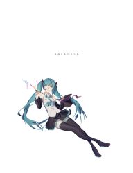 Rule 34 | 1girl, aqua eyes, aqua hair, aqua necktie, black footwear, black skirt, boots, closed mouth, copyright name, crossed legs, full body, grey shirt, hand up, hat, hatsune miku, headset, highres, holding, holding clothes, holding hat, long hair, looking at viewer, miracle paint (vocaloid), necktie, pleated skirt, shirt, short hair with long locks, simple background, skirt, sleeveless, sleeveless shirt, smile, solo, song name, spencer sais, suspenders, thigh boots, thighhighs, top hat, unworn hat, unworn headwear, vocaloid, white background, writing