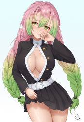 Rule 34 | 1girl, belt, blush, braid, breasts, cleavage, commentary request, gradient hair, green eyes, green hair, highres, japanese clothes, kanroji mitsuri, kimetsu no yaiba, large breasts, long hair, long sleeves, mole, mole under eye, multicolored hair, no bra, open clothes, open mouth, pink hair, simple background, skirt, solo, wei xiao, white background, white belt
