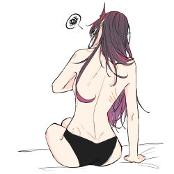 Rule 34 | 1girl, arm support, back turned, bare back, bite mark, black panties, highres, hololive, hololive english, irys (hololive), long hair, no legwear, notziegler, panties, pointy ears, scratches, sitting, underwear, underwear only, unworn shirt, virtual youtuber