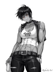 Rule 34 | 1girl, abs, alternate costume, belt, berserk, black hair, breasts, can, casca (berserk), choker, cleavage, contemporary, drink can, earrings, hand in pocket, highres, holding, holding can, jewelry, looking at viewer, medium breasts, muscular, muscular female, open clothes, open vest, orange eyes, pants, robusta mania, short hair, signature, solo, tank top, tattoo, toned, torn clothes, torn pants, vest, white background