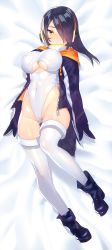 Rule 34 | 10s, 1girl, ankle boots, arms at sides, bed sheet, black footwear, black gloves, black hair, boots, breasts, cleavage, cleavage cutout, closed mouth, clothing cutout, covered erect nipples, covered navel, dress, emperor penguin (kemono friends), full body, gloves, gluteal fold, groin, hair over one eye, headphones, highleg, highleg leotard, highres, hood, hood down, hoodie, kanjy00u, kemono friends, large breasts, leotard, long hair, looking at viewer, lying, multicolored hair, on back, on bed, open clothes, open hoodie, orange hair, purple eyes, ribbed dress, ribbed leotard, skin tight, solo, streaked hair, thigh gap, thighhighs, turtleneck, two-tone hair, underboob, underboob cutout, waifu2x, white leotard, white thighhighs, yellow eyes