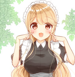 Rule 34 | 1girl, apron, blonde hair, blush, breasts, brown eyes, female focus, frilled apron, frills, happy, large breasts, leaves, long hair, maid, maid apron, maid cap, maid headdress, open mouth, original, ouhara lolong, pointing, pointing at self, puffy sleeves, simple background, smile, solo, uniform, upper body, very long hair