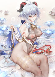 Rule 34 | 1girl, bare shoulders, bell, black thighhighs, blue hair, bodysuit, breasts, clothes grab, cowbell, detached sleeves, flower, ganyu (genshin impact), genshin impact, goat horns, horns, kinhasu, large breasts, long hair, long sleeves, looking at viewer, navel, nipples, no bra, no panties, open mouth, purple eyes, sidelocks, sitting, solo, stomach, tassel, thighhighs, thighs, water, wet, wet clothes