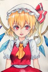 Rule 34 | 1girl, ascot, blonde hair, bow, flandre scarlet, hat, hat bow, highres, looking at viewer, mob cap, painting (medium), puffy short sleeves, puffy sleeves, red bow, red eyes, selenium, short sleeves, simple background, solo, touhou, traditional media, watercolor (medium), white background, white hat, yellow ascot