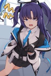 Rule 34 | 1girl, befu, black gloves, black skirt, blue archive, blue necktie, blush, collared shirt, feet out of frame, formal, gloves, halo, highres, index finger raised, jacket, long hair, long sleeves, looking at viewer, mechanical halo, necktie, open mouth, pleated skirt, purple eyes, purple hair, shirt, skirt, solo, suit, twitter username, two-sided fabric, two-sided jacket, two side up, white jacket, white shirt, yuuka (blue archive)
