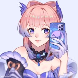 Rule 34 | 1girl, bare shoulders, blue hair, blunt bangs, blurry, blush, bow, bow-shaped hair, breasts, cellphone, cellphone charm, charm (object), cleavage, collar, collarbone, colored tips, commentary, commentary request, detached collar, detached sleeves, frilled collar, frilled sleeves, frills, genshin impact, gloves, gradient eyes, half gloves, highres, holding, holding phone, long hair, looking at viewer, motion blur, multicolored eyes, multicolored hair, oofxyphxia, phone, pink eyes, pink hair, purple eyes, sangonomiya kokomi, selfie, sidelocks, simple background, small breasts, smartphone, smartphone case, solo, white background
