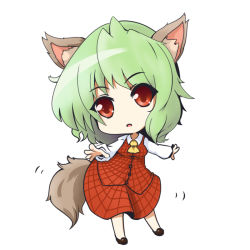 Rule 34 | 1girl, :o, animal ears, ascot, chibi, dog ears, dog tail, female focus, green hair, kazami yuuka, kemonomimi mode, looking at viewer, musashino udon, open mouth, outstretched arms, plaid, plaid skirt, plaid vest, red eyes, simple background, skirt, skirt set, solo, standing, tail, touhou, vest, white background