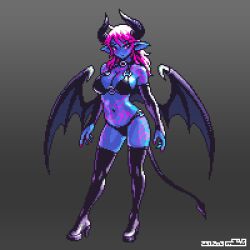 Rule 34 | 1girl, bikini, blue skin, boots, colored skin, demon girl, demon horns, demon tail, demon wings, gradient background, high heel boots, high heels, horns, mabius, navel, original, pink eyes, pink hair, pink nails, pixel art, pointy ears, solo, swimsuit, tail, thigh boots, wings