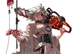 Rule 34 | 1girl, bandages, belt, black survival, blood, blood bag, blood on clothes, blood on face, blood on hands, chainsaw, collar, commentary, cowboy shot, cuffs, dress, english commentary, eyepatch, grey hair, grin, hair between eyes, highres, holding, holding chainsaw, intravenous drip, jackie quilt, korean commentary, looking at viewer, mixed-language commentary, power tool, red eyes, scar, scar on face, sendro, short hair, slit pupils, smile, solo, torn clothes, white background, white hair