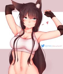 Rule 34 | 1girl, absurdres, animal ear fluff, animal ears, armpits, arms up, artist name, bare shoulders, black gloves, bluefield, blush, breasts, brown hair, cleavage, commentary, crop top, english commentary, fingerless gloves, fox ears, fox girl, gloves, green eyes, hair between eyes, highres, impossible clothes, long hair, looking at viewer, medium breasts, navel, original, sidelocks, solo, stomach, sweat, twitter, twitter username, upper body