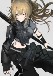 Rule 34 | 1girl, absurdres, animal ears, arknights, asymmetrical clothes, belt, black gloves, black pants, blonde hair, chuhaibane, closed mouth, crop top, feet out of frame, female focus, fingerless gloves, gloves, grey background, grey shirt, highres, holding, holding weapon, lion ears, long hair, long sleeves, looking at viewer, midriff, navel, official alternate costume, pants, ponytail, serious, shirt, siege (arknights), siege (city destroyer) (arknights), simple background, single glove, solo, v-shaped eyebrows, weapon, yellow eyes