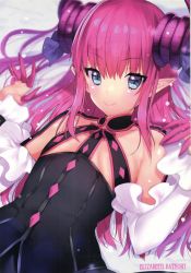 Rule 34 | 1girl, absurdres, blue eyes, character name, closed mouth, elizabeth bathory (fate), elizabeth bathory (fate/extra ccc), elizabeth bathory (first ascension) (fate), fate (series), highres, horns, lips, looking at viewer, mataro (matarou), pointy ears, purple hair, simple background, smile, solo, upper body