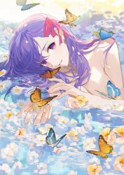 Rule 34 | 1girl, blue butterfly, breasts, bug, butterfly, fate/stay night, fate (series), floral background, flower, hair ribbon, heaven&#039;s feel, insect, light, long hair, looking at viewer, matou sakura, no bra, orange butterfly, partially submerged, petals, purple eyes, purple hair, red ribbon, ribbon, satsuya, smile, solo, water, wet, wet hair, white flower