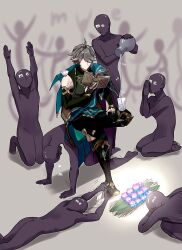 Rule 34 | 1boy, 6+others, alhaitham (genshin impact), all fours, black gloves, book, cape, commentary request, cup, detached sleeves, faceless, genshin impact, gloves, grey background, grey hair, hair over one eye, highres, holding, holding book, lying, male focus, multiple others, on stomach, own hands together, partially fingerless gloves, pouring, simple background, sitting, yuka (pixiv38407039)