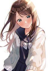 Rule 34 | 1girl, blue eyes, blue sailor collar, blue shirt, blue skirt, blush, bow, brown hair, cardigan, closed mouth, hanako151, highres, long hair, long sleeves, looking away, looking to the side, original, outstretched arm, pleated skirt, sailor collar, school uniform, serafuku, shirt, simple background, skirt, solo, sunlight, white background, white bow, white cardigan, white neckwear