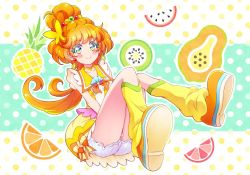 Rule 34 | 1girl, bloomers, blue eyes, blush, brown hair, butterfly hair ornament, closed mouth, collarbone, colored eyelashes, commentary, cure papaya, dress, earrings, food, fruit, fruit background, full body, green eyes, hair ornament, heart, heart in eye, ichinose minori, jewelry, kiwi (fruit), kyoutsuugengo, long hair, loose socks, magical girl, mismatched eyelashes, multicolored eyes, orange (fruit), orange footwear, papaya, pineapple, precure, sitting, sleeveless, smile, socks, solo, symbol in eye, tropical-rouge! precure, underwear, white bloomers, yellow dress