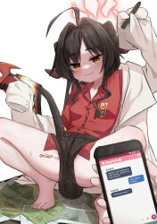 Rule 34 | 1girl, 1other, absurdres, ahoge, barefoot, black hair, black horns, black shorts, black tail, blue archive, blush, cellphone, closed mouth, coat, collared shirt, commentary, demon horns, english commentary, hair intakes, halo, highres, horns, kasumi (blue archive), lab coat, long hair, looking at viewer, miaoema, phone, red halo, red shirt, shirt, shirt tucked in, shorts, sleeves past fingers, sleeves past wrists, smartphone, solo focus, white coat, yellow eyes