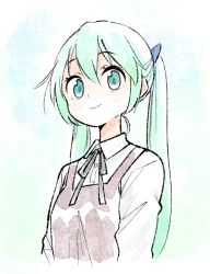 Rule 34 | 1girl, aliasing, alternate costume, aqua background, aqua eyes, arms at sides, black ribbon, blue background, brown dress, casual, closed mouth, collared shirt, cropped torso, dress, dress shirt, from side, hair between eyes, hatsune miku, highres, long hair, long sleeves, looking at viewer, mikupa, neck ribbon, pale color, panzuban, pinafore dress, resized, ribbon, shirt, sleeveless dress, smile, solo, twintails, upper body, upscaled, vocaloid, white shirt, wing collar