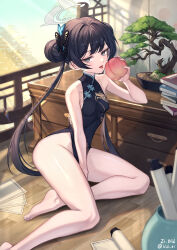 Rule 34 | 1girl, absurdres, black dress, black eyes, black hair, bld zi, blue archive, blush, book, breasts, butterfly hair ornament, china dress, chinese clothes, double bun, dragon print, dress, floor, food, fruit, grey halo, hair bun, hair ornament, halo, highres, hip focus, holding, holding food, holding fruit, indoors, kisaki (blue archive), long hair, looking at viewer, peach, signature, sleeveless, sleeveless dress, small breasts, solo, thighs, tongue, tongue out, twintails, twitter username, wide hips