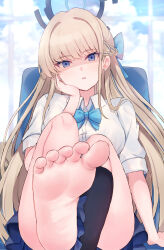 Rule 34 | 1girl, barefoot, black socks, blonde hair, blue archive, blue bow, blue bowtie, blue eyes, blue hair, blue ribbon, bow, bowtie, braid, breasts, collared shirt, feet, foot focus, foot out of frame, foreshortening, french braid, hair ribbon, halo, highres, kneehighs, knees up, legs, long hair, looking at viewer, medium breasts, mi taro333, multicolored hair, open mouth, ribbon, shaded face, shirt, short sleeves, single kneehigh, single sock, socks, soles, solo, streaked hair, toenails, toes, toki (blue archive), white shirt