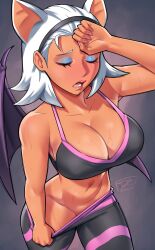 Rule 34 | 1girl, animal ears, bat ears, bat girl, bat wings, blue eyeshadow, breasts, cleavage, closed eyes, clothes pull, collarbone, dracksart, exercising, eyeshadow, furry, gym pants, hairband, hand on forehead, highres, humanization, large breasts, lips, makeup, navel, open mouth, pants, pants pull, purple background, purple wings, rouge the bat, signature, simple background, sonic (series), sports bra, sportswear, stomach, sweat, tan, white hair, wings