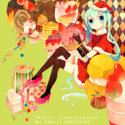 Rule 34 | 10s, 1girl, 2012, aqua hair, argyle, argyle clothes, argyle legwear, bad id, bad pixiv id, blue eyes, bracelet, character name, christmas, cross, cupcake, dated, doughnut, elbow gloves, food, gift, gloves, hat, hatsune miku, high heels, jewelry, long hair, looking at viewer, merry christmas, pancake, patterned legwear, ring, sakurato remi, santa costume, santa hat, shoes, sitting, solo, sweets, thighhighs, twintails, very long hair, vocaloid