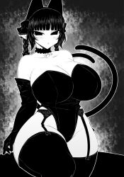 Rule 34 | 1girl, animal ears, blunt bangs, blush, bow, braid, breasts, cat ears, cat girl, cat tail, cleavage, commentary request, curvy, detached collar, elbow gloves, extra ears, garter belt, gloves, greyscale, groin, hair bow, haseru (ginku mh), huge breasts, kaenbyou rin, leotard, looking at viewer, medium hair, monochrome, multiple tails, nekomata, pointy ears, side braids, solo, tail, thighhighs, touhou, twin braids, two tails