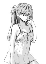 Rule 34 | 1girl, bare arms, bare legs, bare shoulders, breasts, chemise, feet out of frame, highres, long hair, looking at viewer, medium breasts, messy hair, monochrome, n0lilica, neon genesis evangelion, no bra, sketch, solo, souryuu asuka langley, two side up, underwear