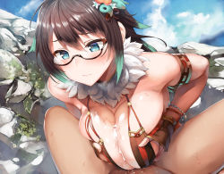 Rule 34 | 1boy, 1girl, armlet, bad id, bad pixiv id, belko, blue eyes, blush, bracelet, breasts, breasts squeezed together, brown hair, censored, closed mouth, commentary request, cum, cum on body, cum on breasts, cum on upper body, day, glasses, green hair, hair ornament, hetero, highres, jewelry, large breasts, long hair, mosaic censoring, multicolored hair, outdoors, paizuri, penis, revision, sidelocks, soboro sukehiro (tenka hyakken), solo focus, streaked hair, sweat, tenka hyakken, tsurime