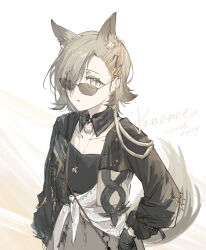 Rule 34 | 1girl, animal ears, arknights, brown hair, brown skirt, collarbone, cropped jacket, detached collar, hair over one eye, highres, jewelry, looking at viewer, medium hair, moleculesound, necklace, penance (arknights), simple background, skirt, solo, sunglasses, tail, white background, wolf ears, wolf tail
