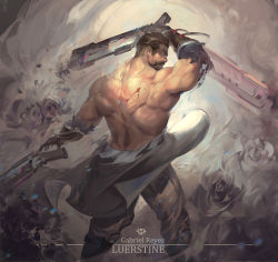 Rule 34 | 1boy, artist name, baggy pants, bara, beard, biceps, brown hair, cape, dust, facial hair, feet out of frame, gauntlets, gun, highres, looking at viewer, looking back, luerstine, male focus, manly, mature male, muscular, muscular male, overwatch, pants, reaper (overwatch), short hair, signature, smoke, solo, text focus, thick arms, topless male, torn clothes, weapon, yellow eyes