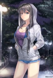 Rule 34 | 1girl, aken, blue shorts, blurry, breasts, bush, cleavage, closed mouth, cowboy shot, depth of field, dolphin shorts, dungeon and fighter, eyelashes, fence, fighter (dungeon and fighter), frown, grey eyes, grey hair, grey jacket, gym shorts, hair between eyes, hands in pockets, highres, hood, hooded jacket, jacket, lamppost, legs apart, long hair, long sleeves, looking at viewer, medium breasts, night, night sky, outdoors, park, partially unzipped, pocket, road, short shorts, shorts, sky, solo, standing, star (sky), starry sky, street, tank top, tree, twitter username