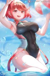 Rule 34 | 1girl, ball, beachball, breasts, competition swimsuit, day, dot nose, highres, in water, klopsiak, large breasts, matching hair/eyes, one-piece swimsuit, open mouth, outdoors, playing, pyra (pro swimmer) (xenoblade), pyra (xenoblade), red eyes, red hair, smile, solo, standing, swimsuit, taut clothes, taut swimsuit, thick thighs, thighs, water, wide hips, xenoblade chronicles (series), xenoblade chronicles 2