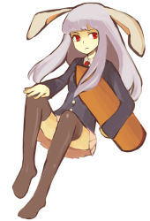 Rule 34 | 1girl, animal ears, azuki, bad id, bad pixiv id, female focus, full body, legs, long hair, rabbit ears, red eyes, reisen udongein inaba, simple background, sitting, solo, thighhighs, touhou, white background