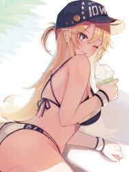 Rule 34 | 1girl, bikini, black hat, blonde hair, blue eyes, blush, breasts, closed mouth, drink, drinking straw, gloves, hair between eyes, hat, highres, holding, holding drink, iowa (kancolle), kantai collection, large breasts, long hair, looking at viewer, one eye closed, ranran 3939, smile, solo, swimsuit, tongue, tongue out, white gloves