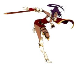 Rule 34 | 1girl, aventu, bleach, bleach: brave souls, breasts, cap, clenched hands, dark skin, dress, fighting stance, flower, full body, gloves, high ponytail, highres, knight, kubo tite, large breasts, leotard, looking at viewer, official art, purple dress, purple hair, rose, shihouin yoruichi, sideboob, simple background, smile, sword, weapon, wide hips, yellow eyes