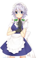 Rule 34 | 1girl, absurdres, apron, artist name, bad id, bad pixiv id, black gloves, black ribbon, blue dress, blue eyes, blush, bow, braid, breasts, commentary request, cowboy shot, dress, frilled apron, frills, gloves, green bow, hair between eyes, hair bow, hand up, highres, izayoi sakuya, looking at viewer, maid, maid apron, maid headdress, medium breasts, neck ribbon, parted lips, petticoat, puffy short sleeves, puffy sleeves, ribbon, shinonome asu, shirt, short hair, short sleeves, silver hair, simple background, solo, standing, touhou, twin braids, twitter username, waist apron, white apron, white background, white shirt, wing collar