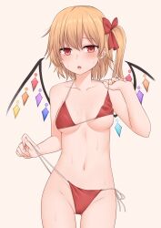 Rule 34 | 1girl, bare arms, bare legs, bare shoulders, bikini, blonde hair, blush, breasts, collarbone, cowboy shot, crystal, fingernails, flandre scarlet, groin, hair between eyes, highres, long hair, miyo (ranthath), navel, one side up, open mouth, red bikini, red eyes, side-tie bikini bottom, small breasts, solo, swimsuit, touhou, wings