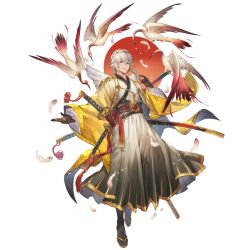 Rule 34 | 1boy, bird, black gloves, blue eyes, closed mouth, crane (animal), feathers, folding fan, gloves, granblue fantasy, hand fan, japanese clothes, katana, kimono, long sleeves, looking at viewer, lucio (granblue fantasy), male focus, multiple swords, official alternate costume, official art, outstretched arm, sandals, sheath, sheathed, shirt, short hair, smile, solo, sword, tabi, transparent background, weapon, white shirt, wide sleeves, wings