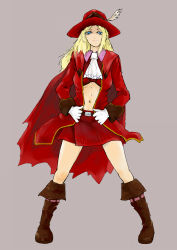 Rule 34 | 1girl, belt, blonde hair, blue eyes, boots, breasts, coat, cosplay, female focus, final fantasy, final fantasy iv, full body, gloves, hands on own hips, hat, highres, long hair, midriff, miniskirt, open clothes, open coat, red mage (cosplay), red mage (final fantasy), ronaud470, rosa farrell, simple background, skirt, solo, trench coat, white gloves