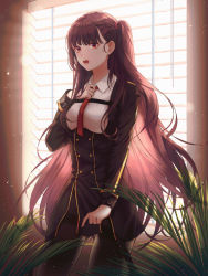 Rule 34 | 1girl, black pantyhose, black skirt, blazer, blush, breasts, collared shirt, framed breasts, girls&#039; frontline, gloves, hair ribbon, half updo, helawid, high-waist skirt, highres, indoors, jacket, large breasts, light particles, long hair, long sleeves, looking at viewer, necktie, one side up, open mouth, pantyhose, purple hair, red eyes, red necktie, ribbon, shirt, skirt, solo, striped clothes, striped shirt, very long hair, wa2000 (girls&#039; frontline), window