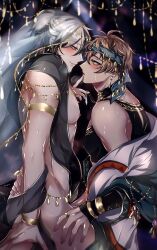 Rule 34 | 2boys, ahoge, arm strap, armband, blush, bracelet, brown eyes, brown hair, crystal, earrings, eiden (nu carnival), erection, finger on another&#039;s lips, gold, gold bracelet, gold earrings, gold ring, gold trim, green eyes, grey hair, half-closed eyes, hand on another&#039;s hip, hand on another&#039;s thigh, headband, highres, jewel, jewelry, looking at another, male focus, multicolored hair, multiple boys, necklace, nipples, covered erect nipples, nu carnival, parted lips, penis, rei (nu carnival), ring, shiny skin, short hair, short ponytail, silk, sitting, sitting on lap, sitting on person, sleeveless, smile, smug, sweat, sweatdrop, teeth, veil, yadome810, yaoi
