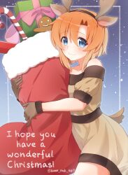 Rule 34 | 1girl, absurdres, animal costume, artist name, blue eyes, brown dress, brown gloves, candy, candy cane, christmas present, christmas stocking, commentary request, dress, english text, food, gift, gingerbread man, gloves, highres, higurashi no naku koro ni, hug, looking at viewer, orange hair, reindeer costume, ryuuguu rena, smile, snowing, solo, sweet miuk tea, thighs
