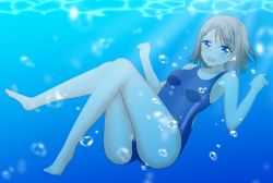 Rule 34 | 10s, 1girl, absurdres, artist name, artist request, bare legs, bare shoulders, blue eyes, blue one-piece swimsuit, blush, breasts, bubble, collarbone, competition swimsuit, feet, female focus, floating, full body, grey hair, highres, horizon, light brown hair, looking at viewer, love live!, love live! school idol festival, love live! sunshine!!, medium breasts, miya anko, ocean, one-piece swimsuit, parted lips, short hair, smile, solo, swimsuit, underwater, watanabe you